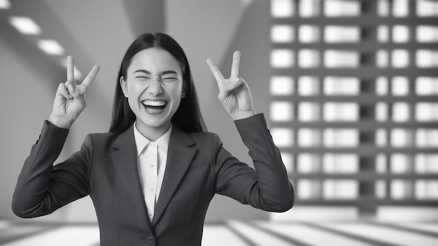 Szczęśliwa młoda bizneswoman robiąca gest zwycięzcy trzymając oczy zamknięte pozując izolowana