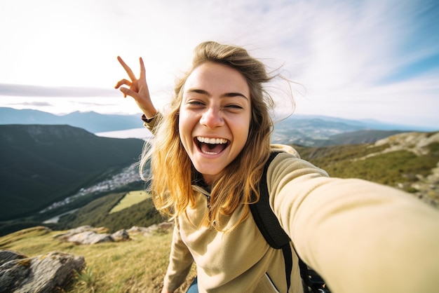 Szczęśliwa młoda kobieta bierze selfie na szczycie góry