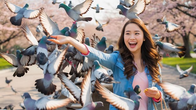Szczęśliwa młoda kobieta karmiąca gołębie