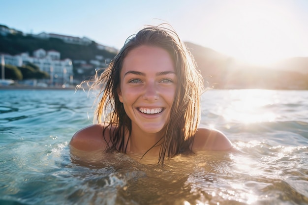 Szczęśliwa młoda kobieta pływająca w morzu o zachodzie słońca