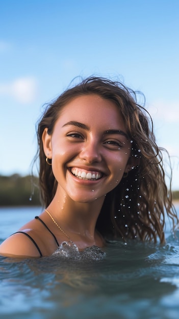 Szczęśliwa młoda kobieta pływająca w morzu z bliska portret