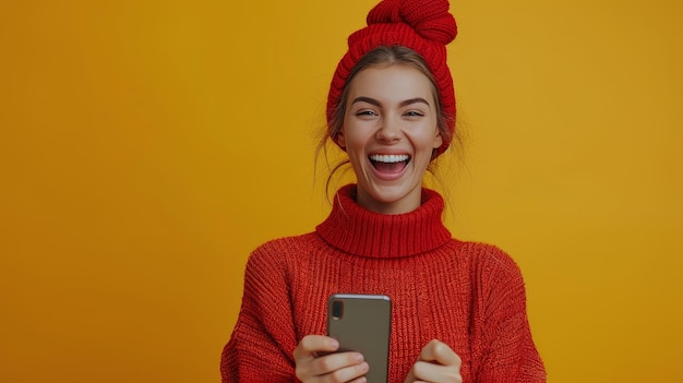 Szczęśliwa młoda kobieta pokazuje pusty ekran telefonu komórkowego skacząc na żółtym studijnym tle kolaż pełnowymiarowy panoramiczny baner poleca jej wspaniałą aplikację mobilną