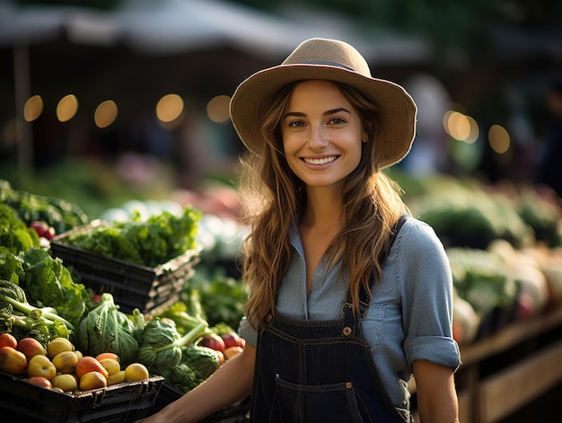 Szczęśliwa młoda kobieta, rolnik, trzymająca kosz świeżo zebranych warzyw i uśmiechnięta generatywna ai