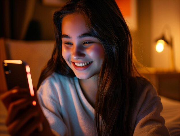 szczęśliwa młoda kobieta używająca smartfona w łóżku w domu wieczorem w nocy