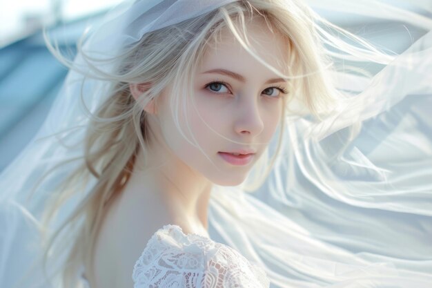 Szczęśliwa młoda panna młoda w białej sukience i zasłonie pozuje na dachu