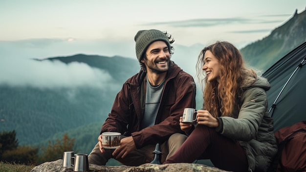 Szczęśliwa młoda para cieszy się poranną kawą podczas kempingu w górach.