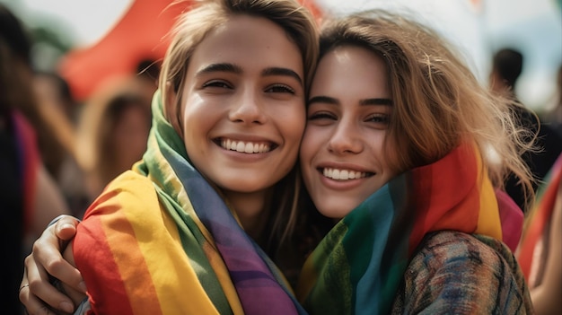 Szczęśliwa młoda para lesbijek na paradzie LGBTUtworzono za pomocą technologii generatywnej sztucznej inteligencji