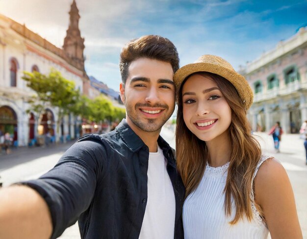 Szczęśliwa młoda para na wakacjach uwielbia robić selfie razem w mieście.