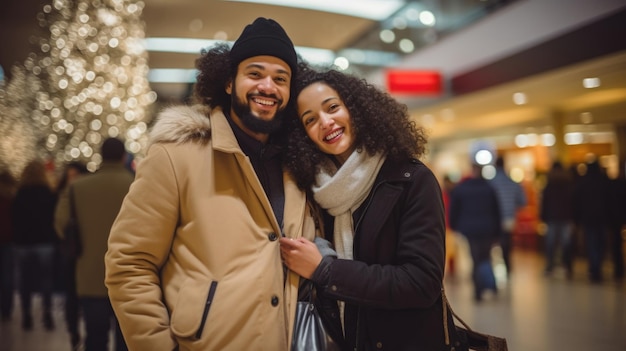 Szczęśliwa młoda para robiąca zakupy w okresie świątecznym w centrum handlowym