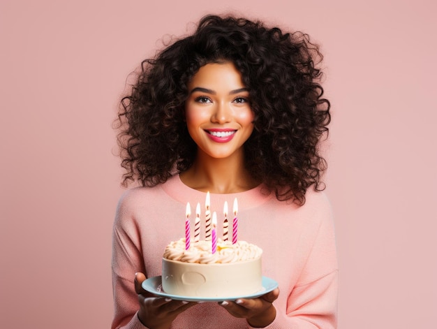 Szczęśliwa młoda piękna kobieta trzyma duży tort urodzinowy ze świeczkami