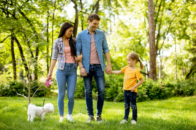 Szczęśliwa młoda rodzina z uroczym psem bichon w parku