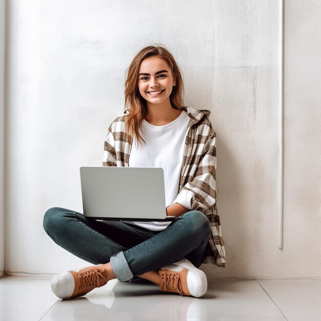 Szczęśliwa młoda studentka siedząca na podłodze z laptopem na białej ścianie