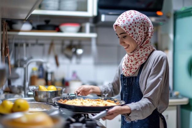 Szczęśliwa muzułmanka piecze ciasto w kuchni Generacyjna AI