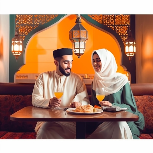 Szczęśliwa muzułmańska para w arabskiej restauracji