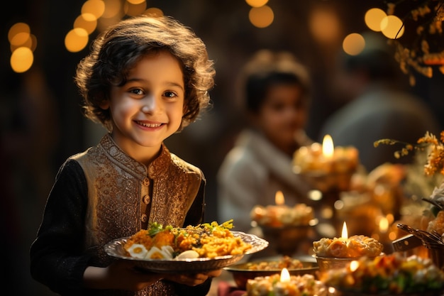 Szczęśliwa muzułmańska rodzina cieszy się rozmową podczas kolacji przy stole