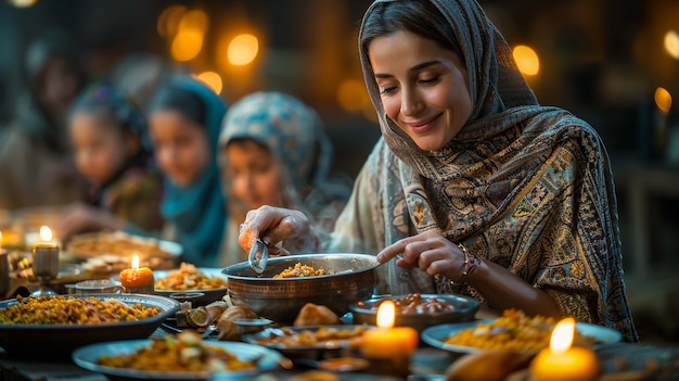 Szczęśliwa muzułmańska rodzina jedząca razem obiad iftar