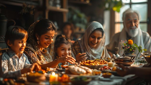 Szczęśliwa muzułmańska rodzina jedząca razem obiad iftar