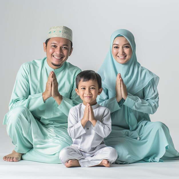 Szczęśliwa muzułmańska rodzina siedząca w domu na kanapie.