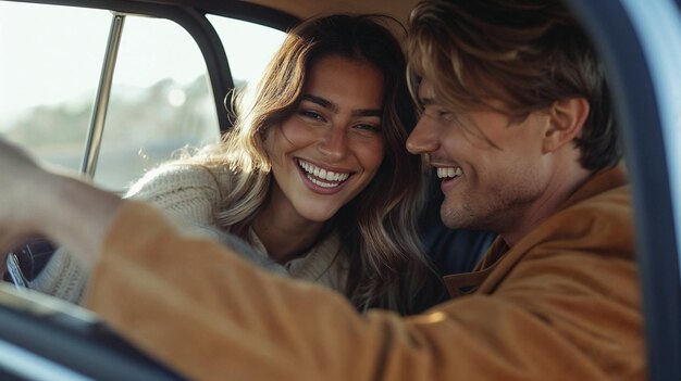 Szczęśliwa para dzieląca się radosną chwilą podczas przejażdżki samochodem w słoneczny dzień