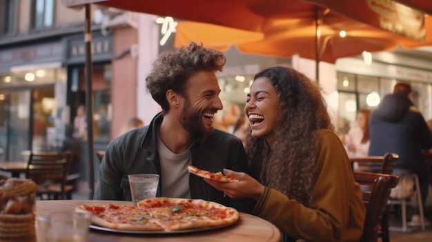 Szczęśliwa para je pizzę w kawiarni Ilustracja AI GenerativexD
