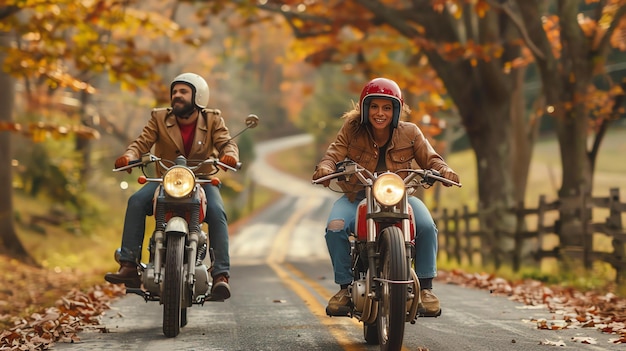 Szczęśliwa para jeździ motocyklem przez las.