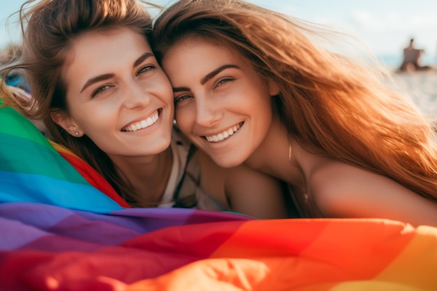 Szczęśliwa para lesbijek świętuje na plaży Paradę Równości LGBTQ w Tel Awiwie