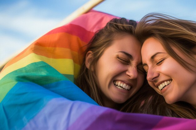 Szczęśliwa para lesbijek świętuje na plaży Paradę Równości LGBTQ w Tel Awiwie