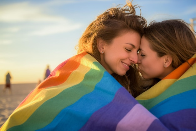 Szczęśliwa para lesbijek świętuje na plaży podczas Parady Równości LGBTQ w Tel Awiwie