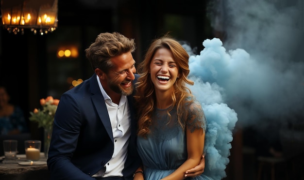 Szczęśliwa para ma imprezę ujawniania płci niebieski granat dymny na zewnątrz to impreza ujawniania płci chłopca