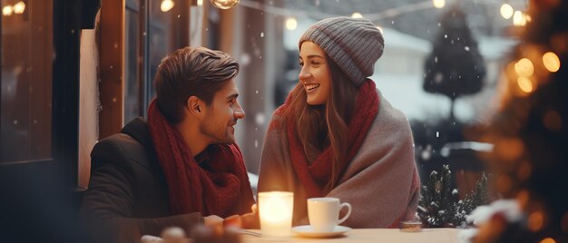 Szczęśliwa para mężczyzna i kobieta mają randkę na zimowym wieczorze restauracja taras romantyczny lesure