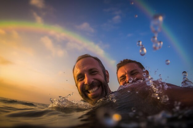 Szczęśliwa para pływa na paradzie dumy LGBTQ w Tel Awiwie Izrael Miesiąc dumy Tel Awiwa Izrael