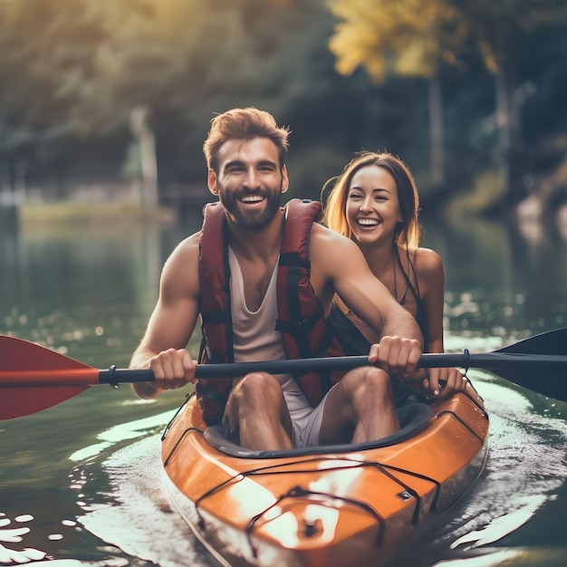 Szczęśliwa para pływająca kajakiem po jeziorze Młody mężczyzna i kobieta wiosłujący kajakiem