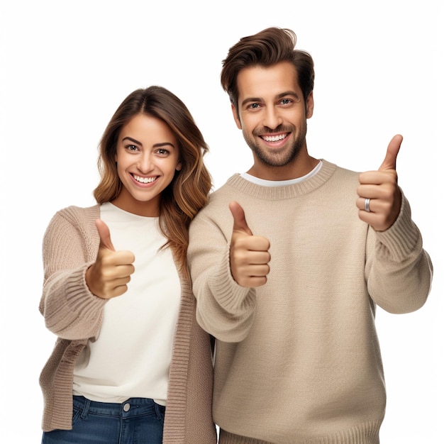 Szczęśliwa para robiąca dobrze wyglądające kciuki w górze nosząca swetery odizolowane na białym tle