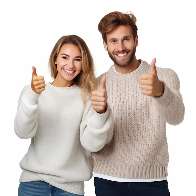 Szczęśliwa para robiąca dobrze wyglądające kciuki w górze nosząca swetery odizolowane na białym tle