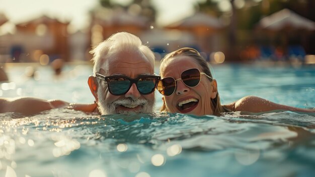 Szczęśliwa para seniorów bawiąca się w basenie, styl życia na emeryturze i koncepcja ludzi.