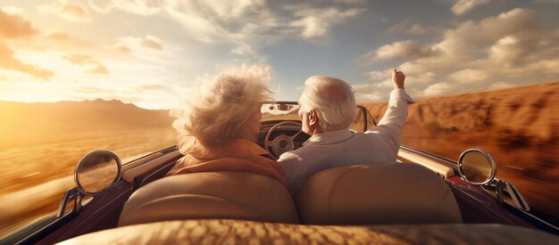 Szczęśliwa para seniorów jadąca po wiejskiej drodze w kierunku zachodu słońca w klasycznym, vintage samochodzie sportowym.