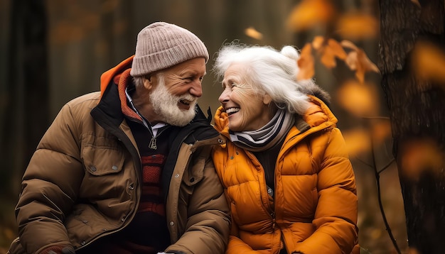 Szczęśliwa para seniorów odpoczywająca w jesiennym parku.