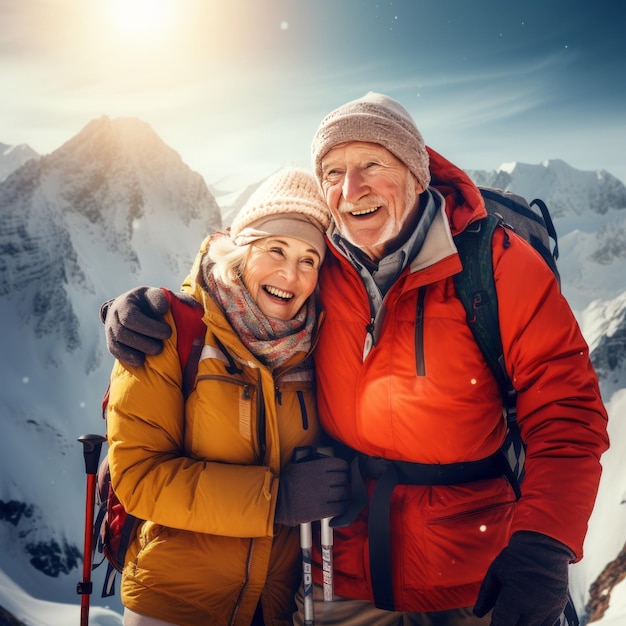 Zdjęcie szczęśliwa para seniorów wędruje w góry, patrzą w kamerę i uśmiechają się.