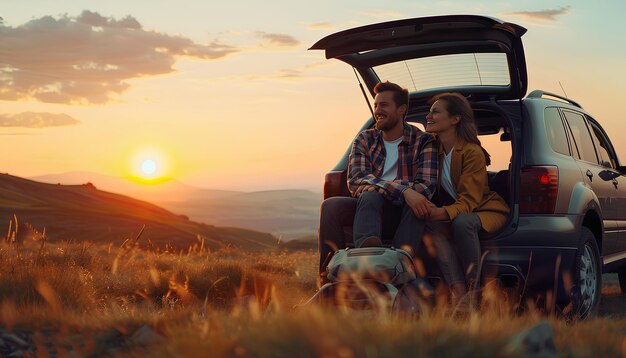 Szczęśliwa para siedząca w bagażniku nowego samochodu na zewnątrz o zachodzie słońca