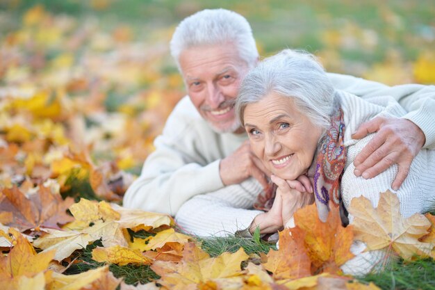 Szczęśliwa para starszych leżących w parku
