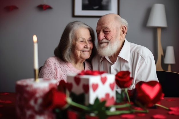 Szczęśliwa para starszych miłości i małżeństwa z ciastem w salonie na Walentynki