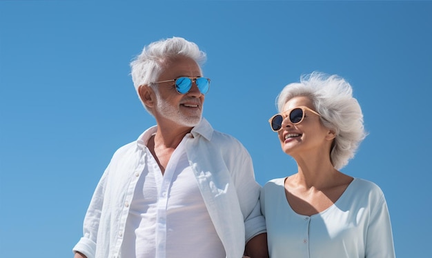 Szczęśliwa para starszych spacerów i trzymania się za rękę pod błękitnym niebem Koncepcja podróży na emeryturę