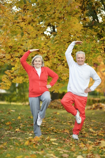 Szczęśliwa para starszych wykonujących ćwiczenia w jesiennym parku