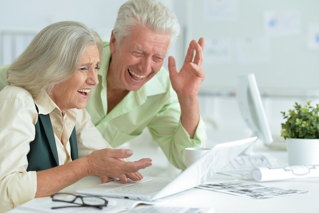 Szczęśliwa para starszych z laptopem w biurze