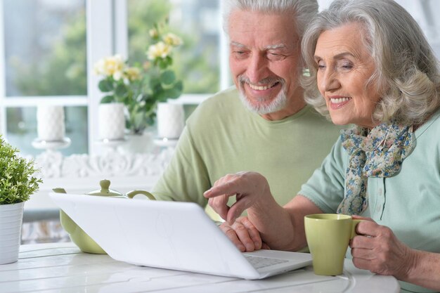 Szczęśliwa para starszych z laptopem
