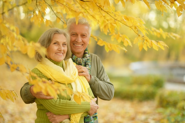 Szczęśliwa para staruszków pozuje w jesiennym parku