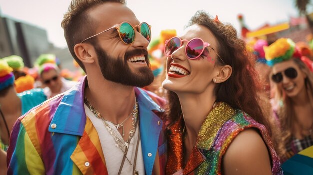 Szczęśliwa para świętuje na paradzie gejowskiej LGBTQ w Sao Paulo Pride Month w Brazylii