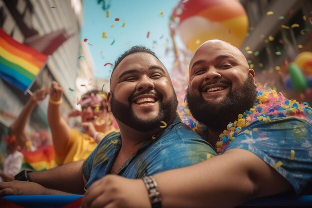 Szczęśliwa para świętuje na paradzie gejowskiej LGBTQ w Sao Paulo Pride Month w Brazylii