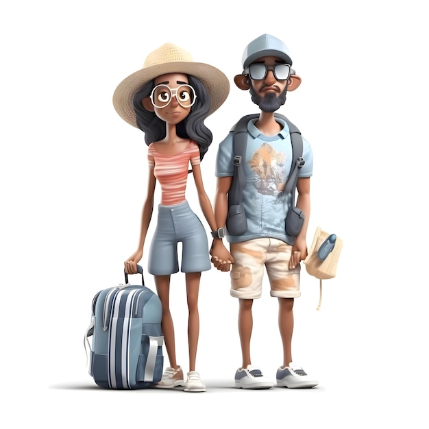Zdjęcie szczęśliwa para turystów z walizką odizolowaną na białym tle ilustracja 3d