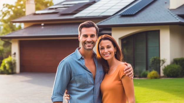 Szczęśliwa para uśmiecha się na podjeździe do dużego domu z zainstalowanymi panelami słonecznymi